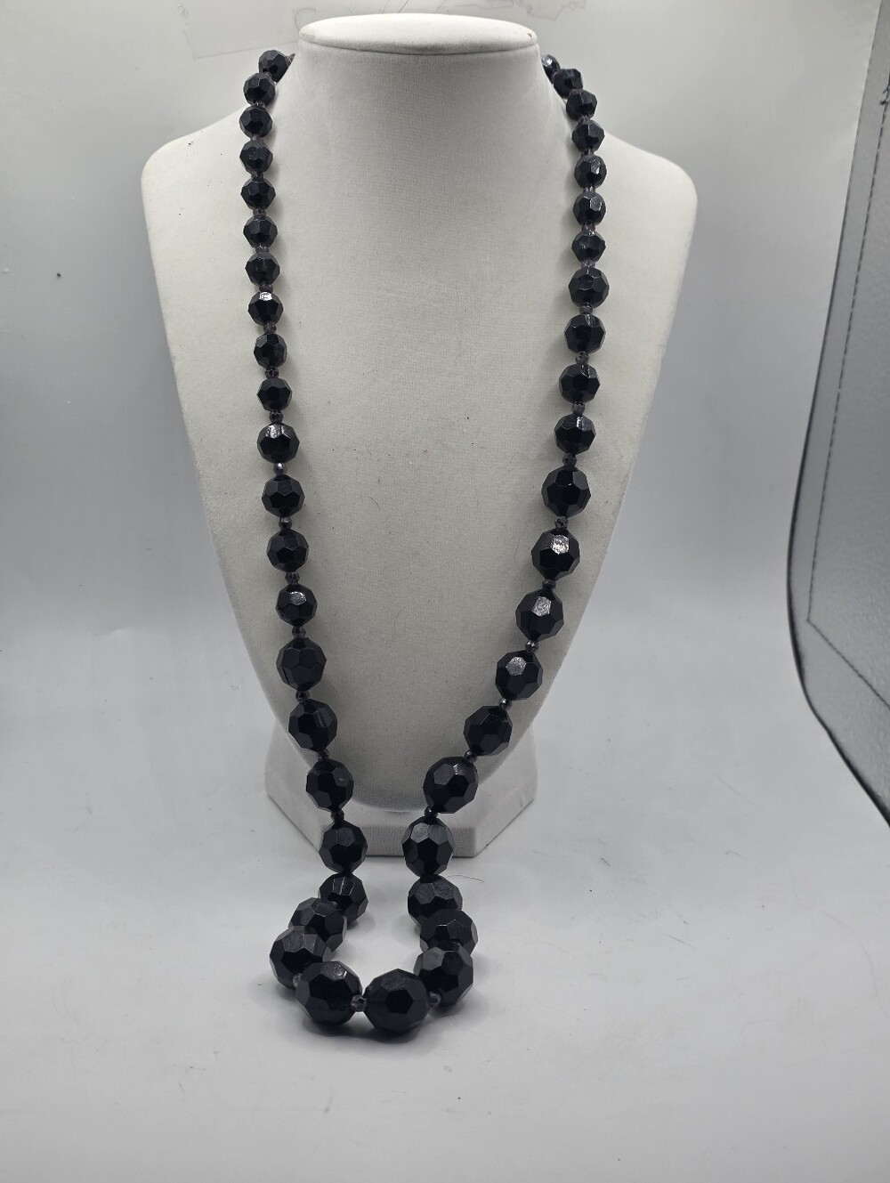 Vintage 1980s Black Faceted Acrylic Bead Necklace 30 Inch Opera Length Flapper